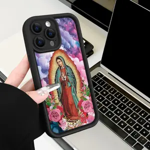 Creative Rose Flower Smoke Virgin Mary Pattern Case for iPhone 16 15 14 Pro Max 13 12 11 XR XS Plus Shockproof Non Slip Military-Grade Protection Silicone Cover