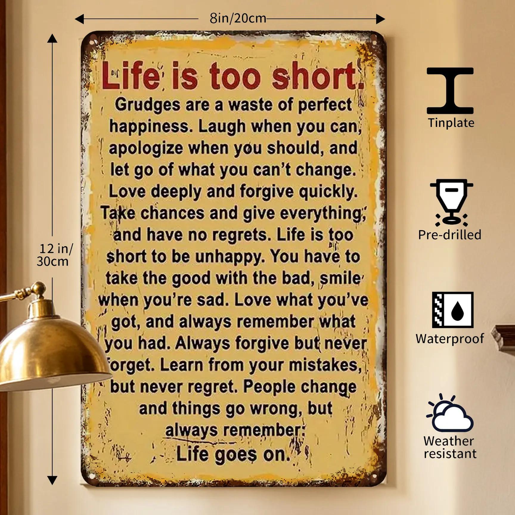 Vintage "Life Is Too Short" Inspirational Metal Tin Sign, Rustic Motivational Quote Wall Decor, Farmhouse Tinplate Wall Art, Waterproof Metal Plaque with Pre-Drilled Holes, 8x12 Inch