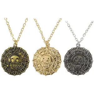 Pack of 3 Pirates of The Caribbean Necklace Aztec Skull Coin Medallion Necklace