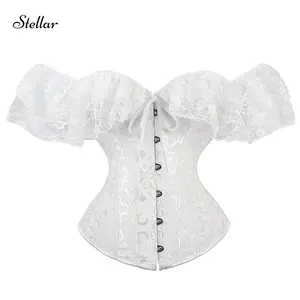 Women Lace Short Sleeve Corset, Solid Color Tie-up Boat Neck Close-fitting Crop Tops, White/ Black