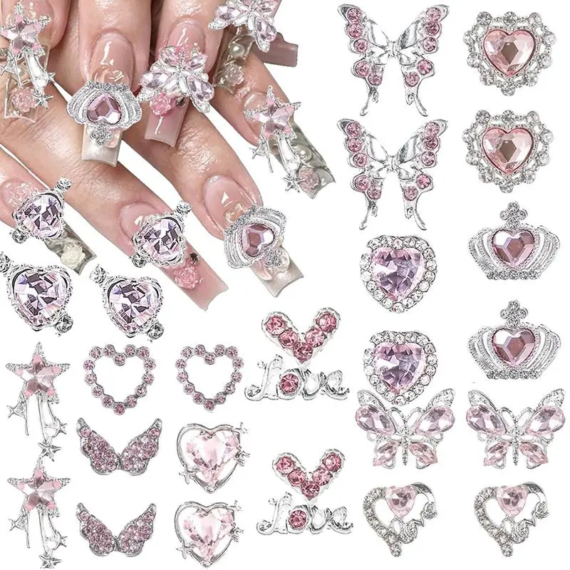 30Pcs Pink Nail Charms Metal Crystal Rhinestones 3D Love Butterfly Stars Cross Design Nails Crafts Art Decorations Accessories