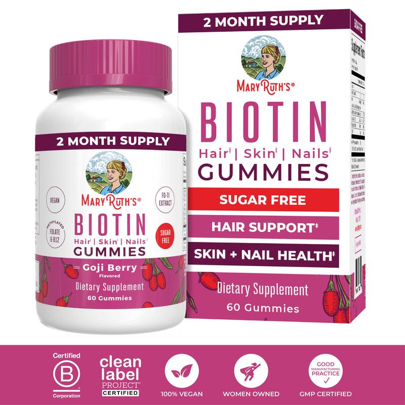 MaryRuth's Biotin Gummies - Sugar Free - 2 Month Supply - Nutrients for Hair Skin & Nails - Biotin 2500mcg - Zinc - B Vitamins - Vegan - 60 Count
