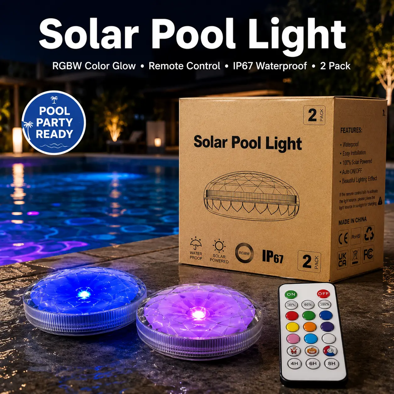 Relampbol Solar Outdoor Pool Decorative Light - 3 Brightness Levels, 9 Lighting Colors, 800mAh Built-In Battery, Waterproof, Easy Installation, Daylight Auto-Charging, Motion Sensor, Timer Function