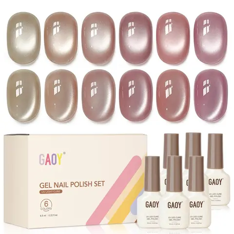 GAOY Icy Glass Cat Eye Gel Nail Polish 6 Colors, Moonlight Veil | Sheer Nude Shades, Satin Finish with Gemstone Holography, Pink Nude for Wedding, Nail Art Designs, UV Lamp Required