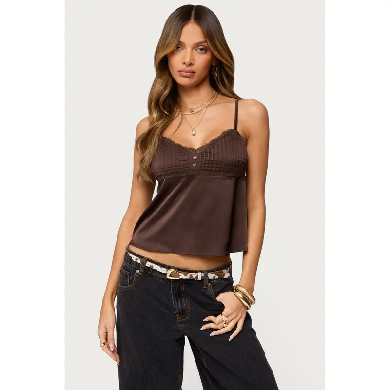 Blanca Satin Effect Lace Trim Tank Top