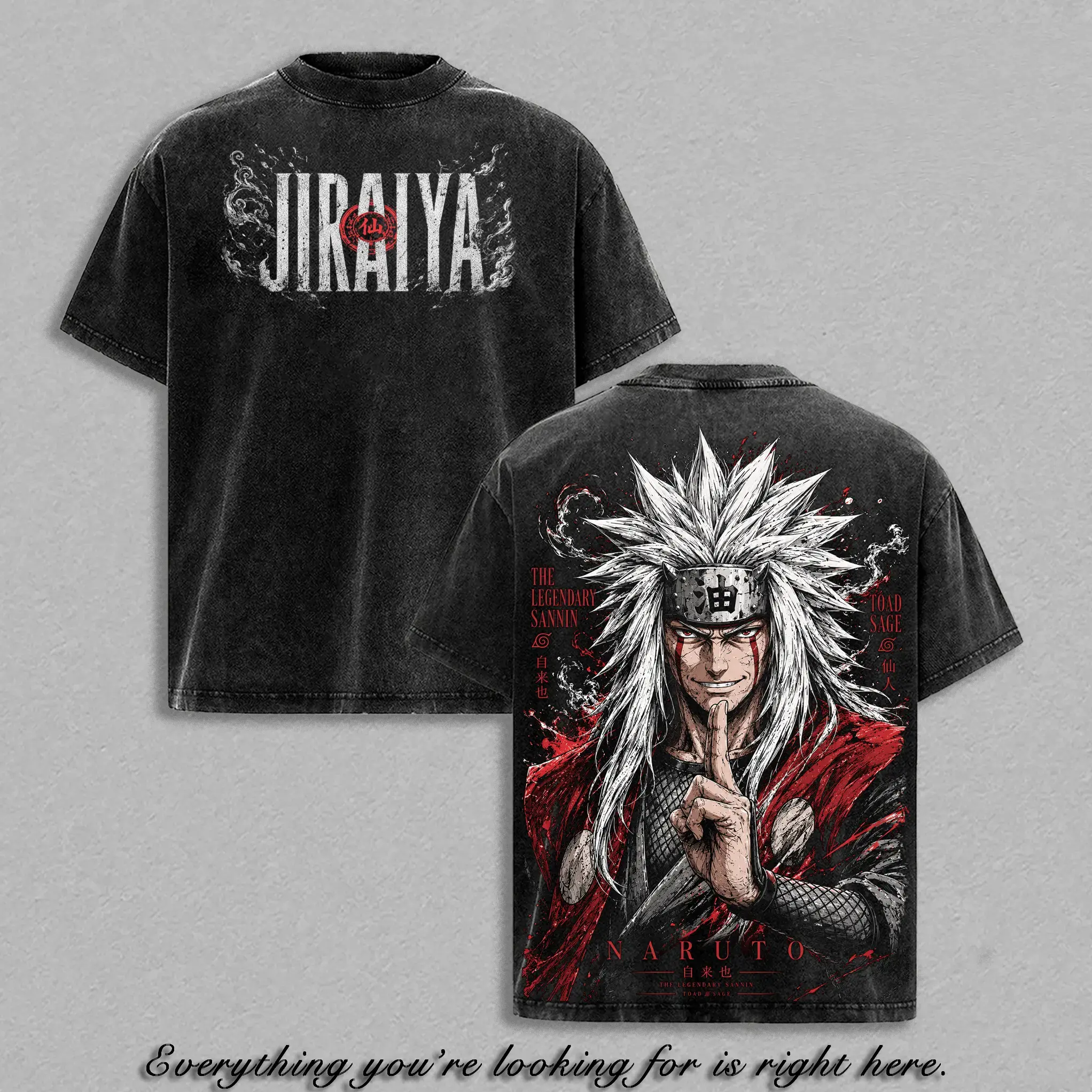 Jiraiya Vintage Washed T-Shirt | Oversized Heavyweight Cotton Anime Graphic Tee, Shortsleeve Casual Menswear Top with Shoulder Tape, Streetwear, Double Print, Premium Cotton, Pure Cotton T-Shirts