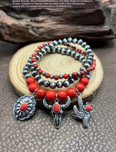 Western & Country Style Faux Pearl Beaded Bracelet with Red Coral Charms and Silver Tone Beads for Women