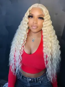 Hand-crocheted13X4 Free Part Blonde Loose Curly Synthetic Lace Front Wigs Pre Plucked Hairline Soft Long Deep Wave Wigs Glueless Blonde Loose Water Wave Wigs Soft Loose Curls Wig Heat Resistant HD Lace Front Wigs For Women Girls Party Daily Wear