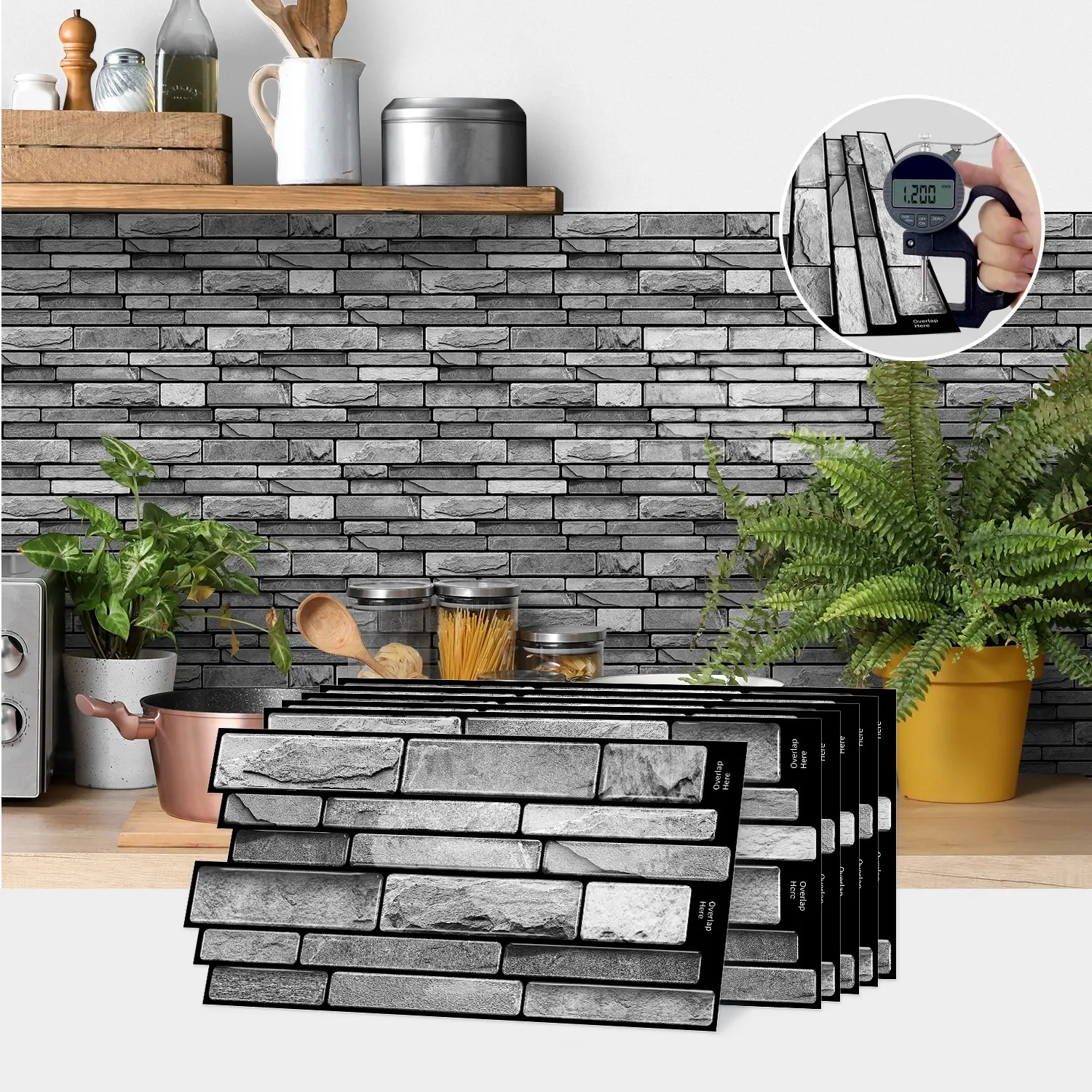 20pcs Peel & Stick Vinyl Wall Stickers, Waterproof PVC Backsplash for Kitchen Bathroom, Self Adhesive Tile Transfer Decals with Stone Brick Effect, Decorative Wallpaper