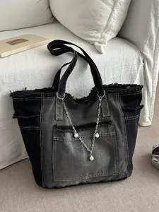 Vintage Distressed Denim Tote Bag, Chain Decor, Trendy Commuting Bag, Large Capacity Commuter Shoulder Bag, Women's Daily Casual Fashion Handbag