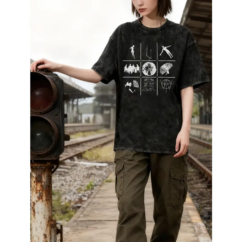 Men's Stylish Vintage Minimal Logo T-Shirt - Washed Cotton Crew Neck Retro Street Tops, All Seasons Casual Wear, 6 Sizes, Wash Effect, Tshirt, Streetwear