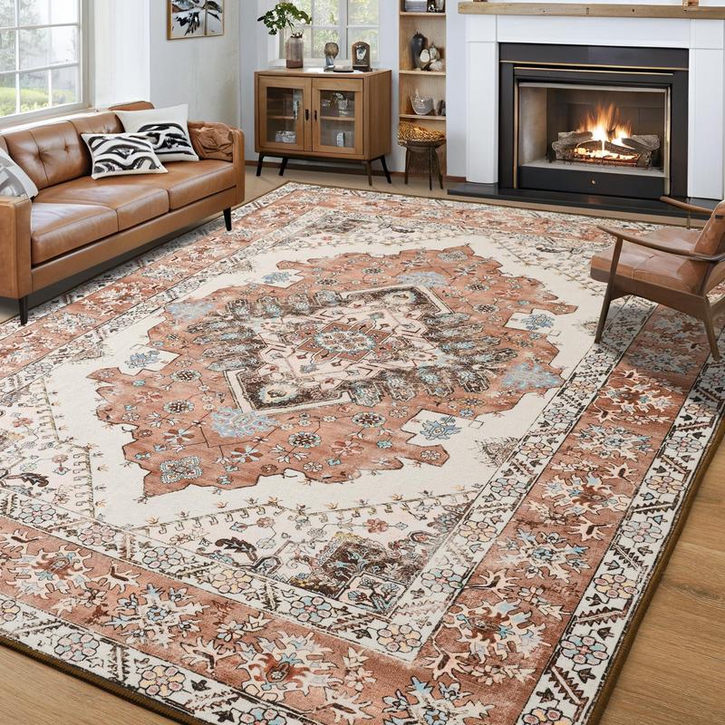 9x11 Feet Orang Machine Washable Vintage Area Rug Non-Slip Low Pile Large Rug For Living Room, Bedroom, Farmhouse, Dining Room, 5x8, 7x10 Feet