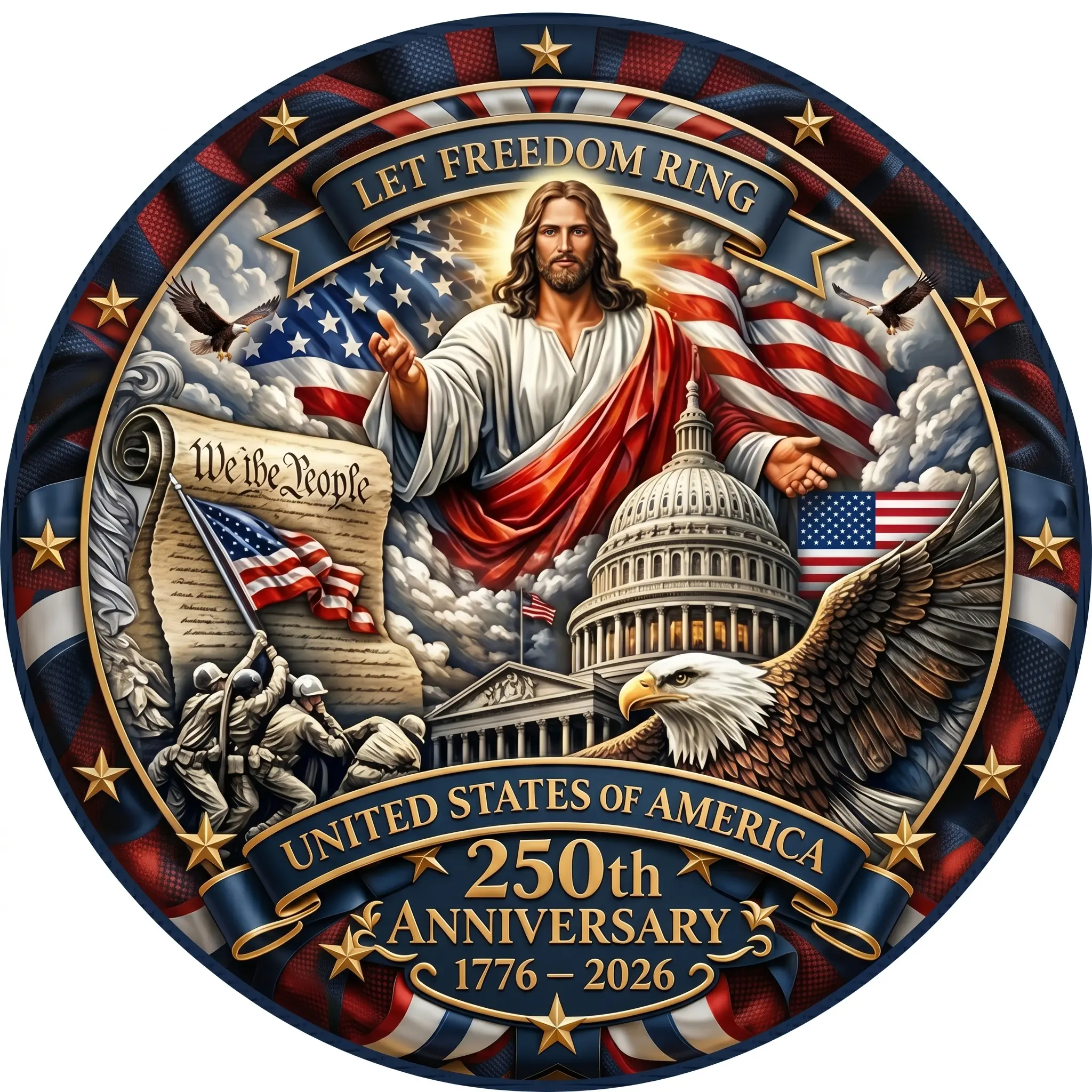 2D Flat Round Metal Sign "Let Freedom Ring", Jesus 250th Anniversary Patriotic Wall Decor for Front Porch, 4th of July Independence Day Ornament, Father's Day Gift for Veteran