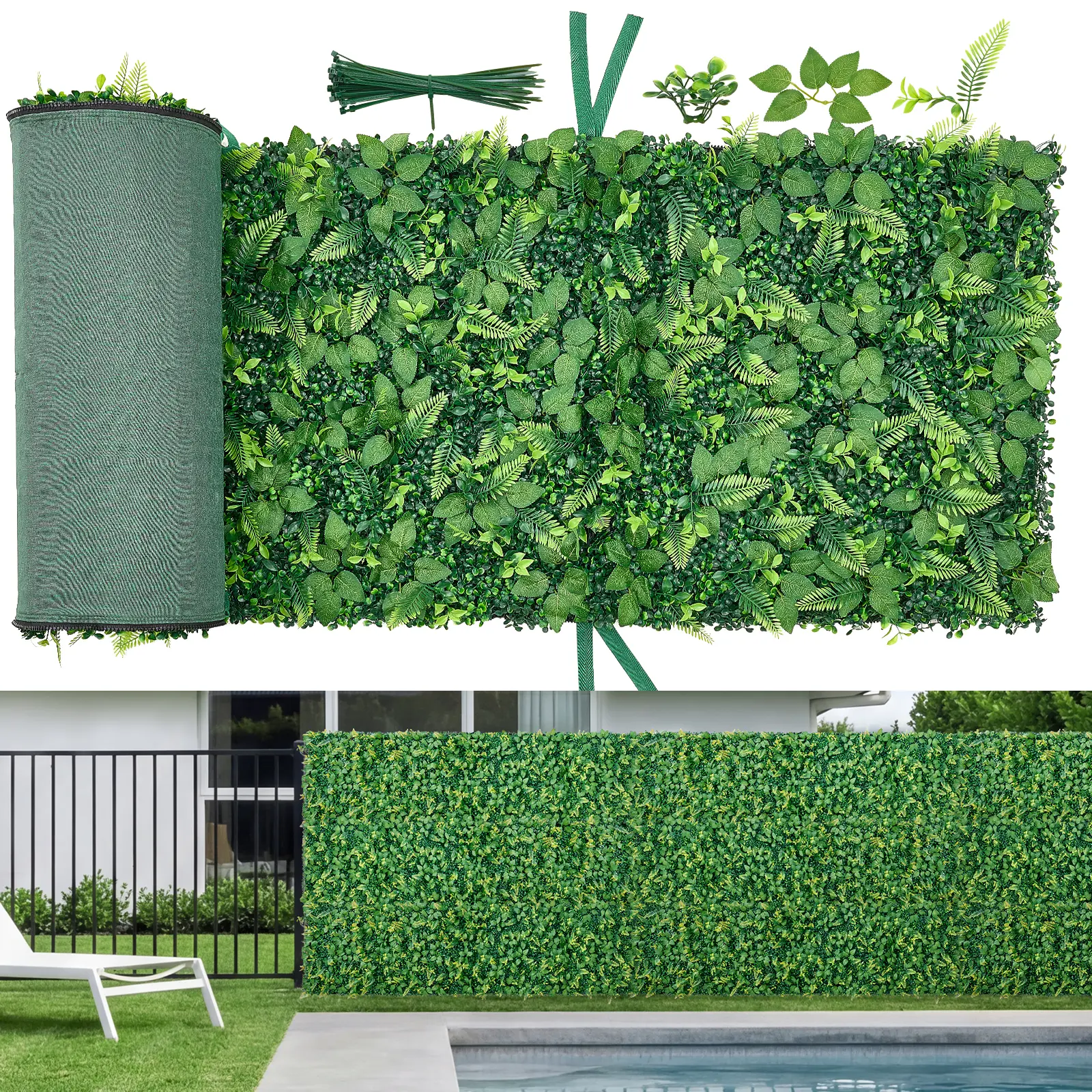 【SummerFinds】VEVOR 4 PCS 3D Lifelike Greenery Artificial Boxwood Plant Wall Panels (2x8 ft Each) - Sun Protection Hedge Fence, Fake Grass Screen with Zip Ties, Garden Accessories for Patio/Indoor Decor, Gift for Birthdays/Events