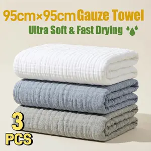 3 PCS Ultra Soft Gauze Bath Towel 95×95cm Light Gray/Blue/White 6-Layer Quick Dry Simple Versatile Durable For Adult & Kids