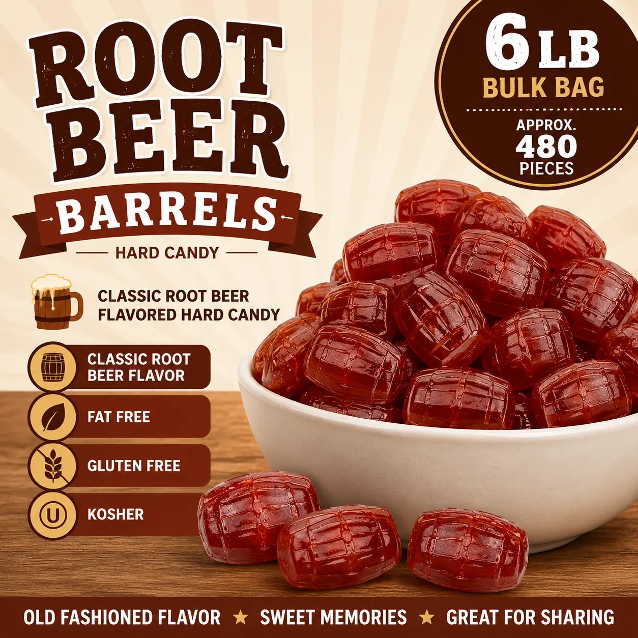 Root Beer Barrels Candy 6 lb Bulk Bag Classic Root Beer Flavored Hard Candy