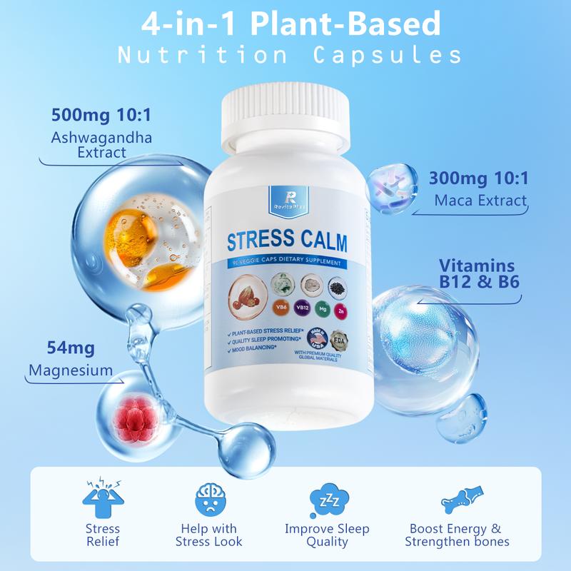 RevitaPlus Stress Calm Dietary Supplement with Ashwagandha Maca Magnesium Vitamin B12 & B6 Black Pepper 90 Veggie Capsules for Stress Relief Sleep Support & Strength Enhancement Made in USA FDA Registered - Healthcare