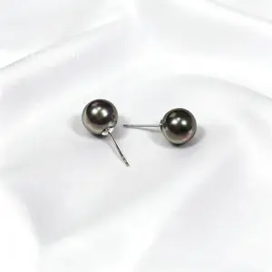E13-Round Black Tahitian Pearl Studs Saltwater Pearls S925 Pin Part Sterling Silver Material Hypoallergenic Cool Blacks Pearls Earring Birthday Christmas Mothers Day Valentine's Jewelry Gifts