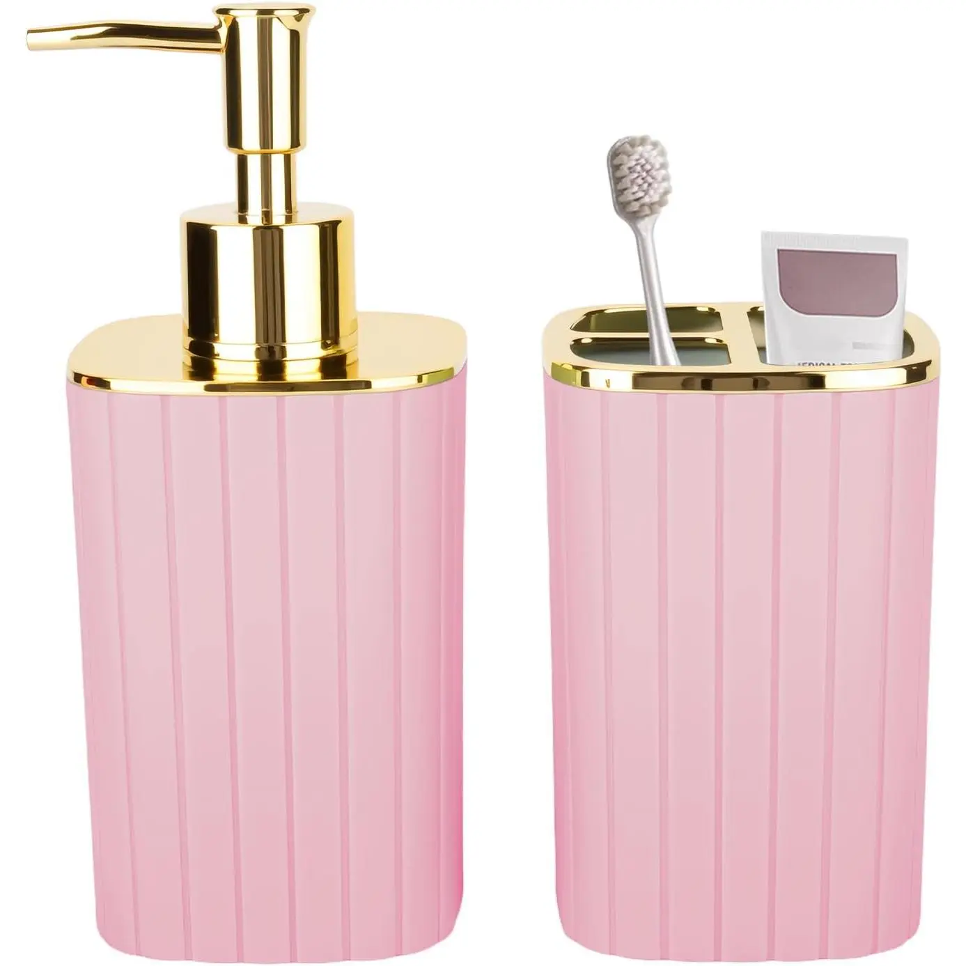 2PCS Bathroom Accessories Set, Pink Bathroom Accessories Include Soap Dispenser and Toothbrush Holder for Boho Bathroom Decor