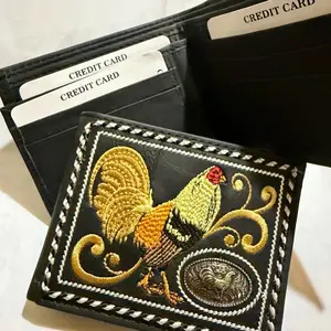 Leather Rooster Wallet Cartera De Piel De Gallo with Embroidered Design and Embossed Emblem
