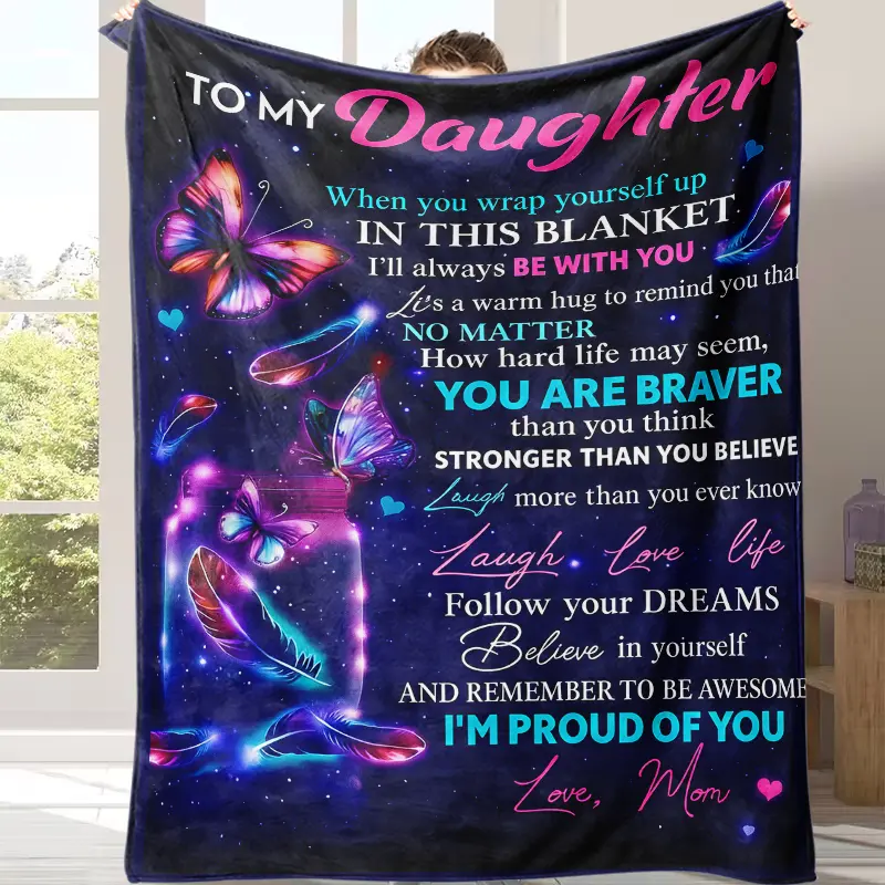 To My Daughter From Mom Galaxy Purple Butterfly Feather Inspirational Quote Fleece Throw Blanket, Night Sky Magical Jar Positive Affirmation Print, Oversized Soft Blanket For Bedroom Sofa, Birthday Graduation Sentimental Gift For Teen Daughter