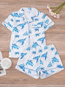 Women's Turtle Print Pajama Set, Short Sleeve Button-Up Top & Elastic Shorts, Casual All-Season Sleepwear for Home & Party