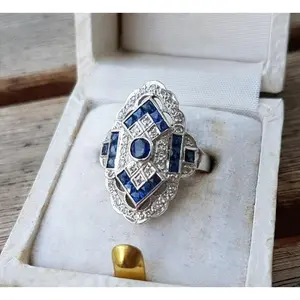 Vintage Blue Sapphire European Silver Art Deco Ring