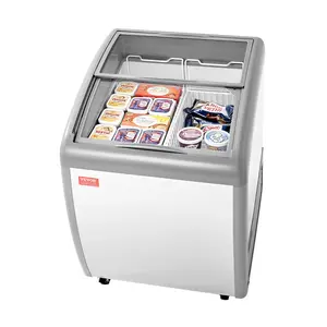 VEVOR Commercial Ice Cream Display Case, 5.4 Cu.ft Chest Freezer with Sliding Tempered Glass Doors, Trackless Design, -19 to 3 ℉ Temp-Adjustable Mobile Deep Freezer, 2 Wire Baskets, Locking Casters, LED Strip Lighting, Sliding Door