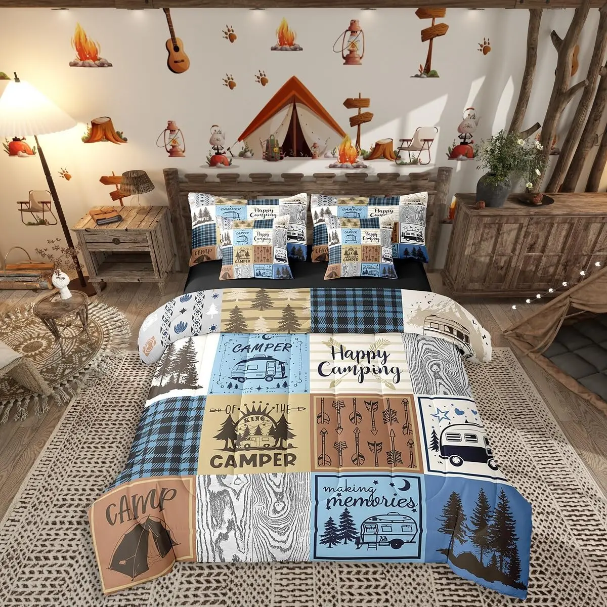 Happy Camping Bedding Set Rv Camper Comforter Set 7 Piece for Travel Trailers Bunks,Rustic Buffalo Plaid Pine Trees Camper Car Decor Bed in A Bag Rv Accessories for Inside Bed Set