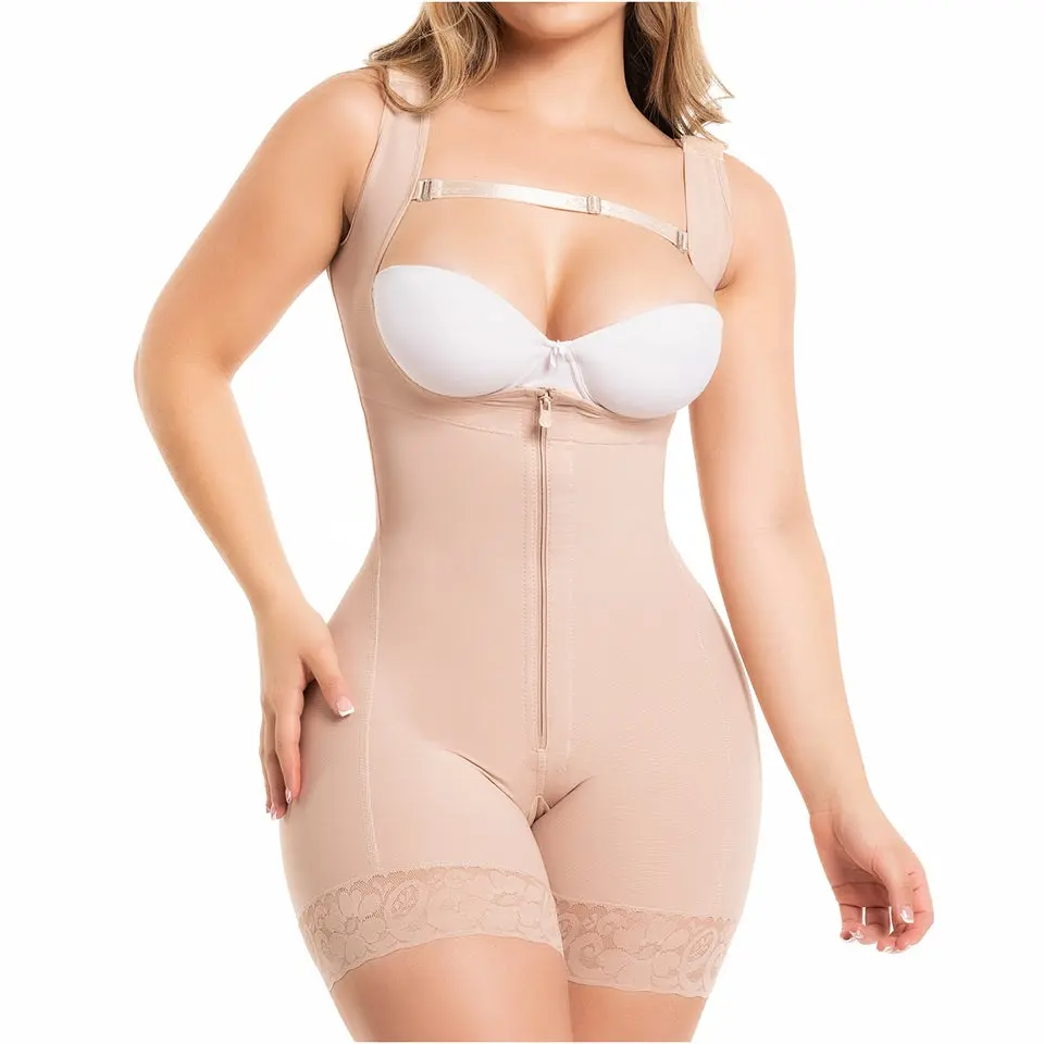 Fajas Salome 217 | Colombian Powernet Bodysuit High Back Posture Support | Postpartum + Daily Tummy Control | Front Zipper Removable Straps — Made in Colombia