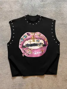 Unisex Sleeveless Casual Vest, Lip Crossbone Graphic Print + Stud Design, Fitness Streetwear, Athletic, All Seasons, Fitted Long Tank Top