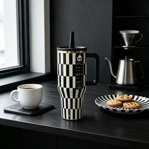 HydroJug 40oz Black White Checkerboard 24hr Insulated Leak Resistant Cup, Cup Holder Friendly Large Water Bottle For Gym Car Camping