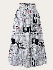 Women's Newspaper Print Paper Bag Waist Midi Skirt, Casual Fashion A Line Skirt for Daily Wear, Ladies Bottoms for All Seasons