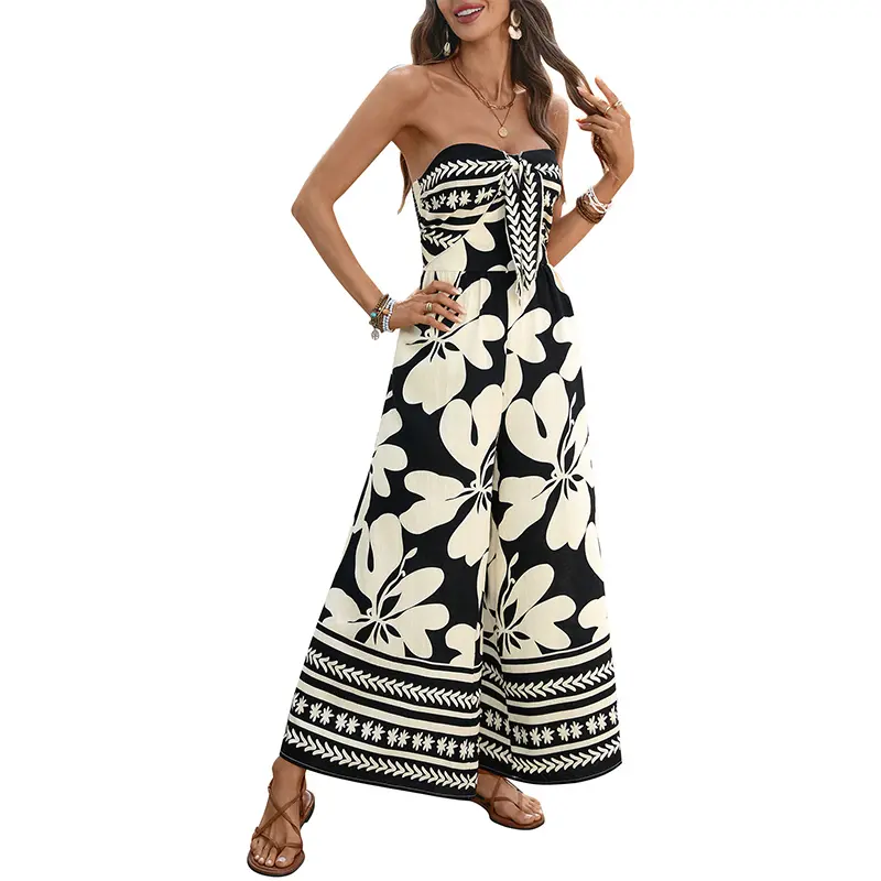 2026 New Flower Print Lace-Up Chest-Wrapped Backless Jumpsuit Women's Clothing
