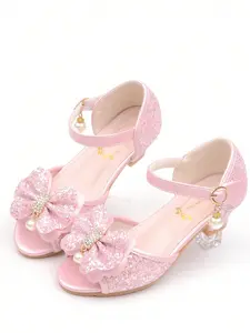Children Princess High Heel Sandals Bowknot Sandals Purple Dress Shoes Glitter Girls Shoes