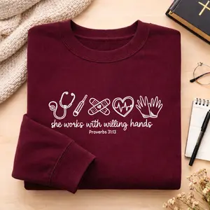 [MADE IN US] Embroidered Christian Nurse Sweatshirt,  She Works With Willing Hands Embroidered Sweatshirt, Bible Verse, RN, LPN, NP, Registered Nurse, Doodle