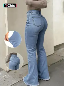 Elegant High-Waisted Stretchy Slim Fit Tall Denim Jean Flare Pants for Women, Stylish Solid Color Versatile Look for All Seasons, Bottom, Womenswear, Trouser