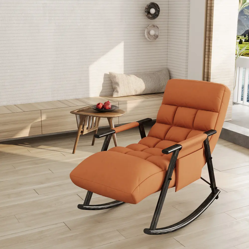 Foldable Upholstered Casual Rocking Chair - 300lbs Max Capacity, Fixed Arms, Iron Frame, Adjustable High-Back, Footrest, Side Pockets for Living Room, Bedroom