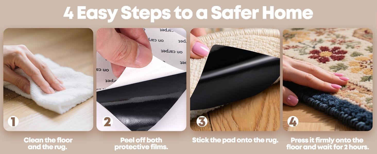 12PCS Square Premium Rug Grippers & Carpet Tape – Anti-Slip Pads for Area Rugs, 3.9 Inch, Prevent Curling & Sliding, Ideal for Hardwood, Tile, Marble, Laminate Floors