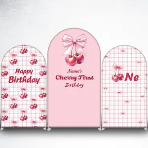 15-day Delivery Pink Gingham Cherry Happy Birthday Arch Backdrop Cover for Girls Party Photo Booth