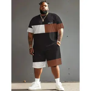 [Plus Size Sportswear] 1set Men's Plus Size Casual Sportswear Set - Black and White Block Print, Round Neck Short Sleeve T-Shirt and Shorts - Polyester and Spandex Blend, Knitted Fabric, Regular Fit - Comfort Fit