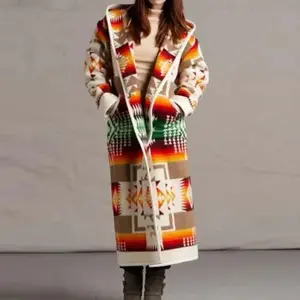 Womens  Fashion Ethnic Style Printed Hooded Long Coat Loose Outwear Match Colors Womenswear Sweatshirts