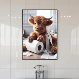 Highland Cow Bathroom Wall Art Canvas Print, Funny Farm Animal Poster Decor, Rustic Modern Bathroom Decor, Unique Gift for Animal Lovers