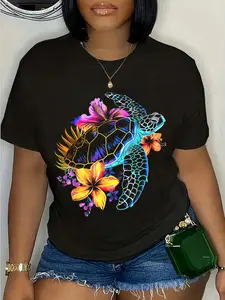 100% Cotton Unisex Sea Turtle Hawaiian Flowers Hawaii Scuba Diving Diver Round Neck Short Sleeve T-Shirt Women's Men Graphic Tee