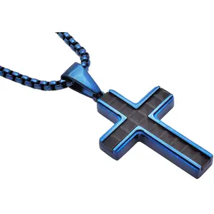 Men's Blue & Black Stainless Steel Cross Pendant With 24" Round Box Chain