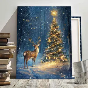 1Count Christmas Framed Canvas, Winter Deer And Christmas Tree, Exquisite Poster, Christmas Decoration Poster, Living Room, Bedroom, High Definition Home Poster,  Ideal Gift, Waterproof,  Art