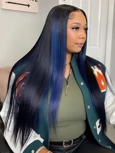Blue Highlights Lace Front Synthetic Wig Lace Frontal Wig Black And Blue Stripes 13×4 Lace Front Wig Pre Plucked Natural Hairline With Breathable Lace Cap For Daily Use(28 Inch)