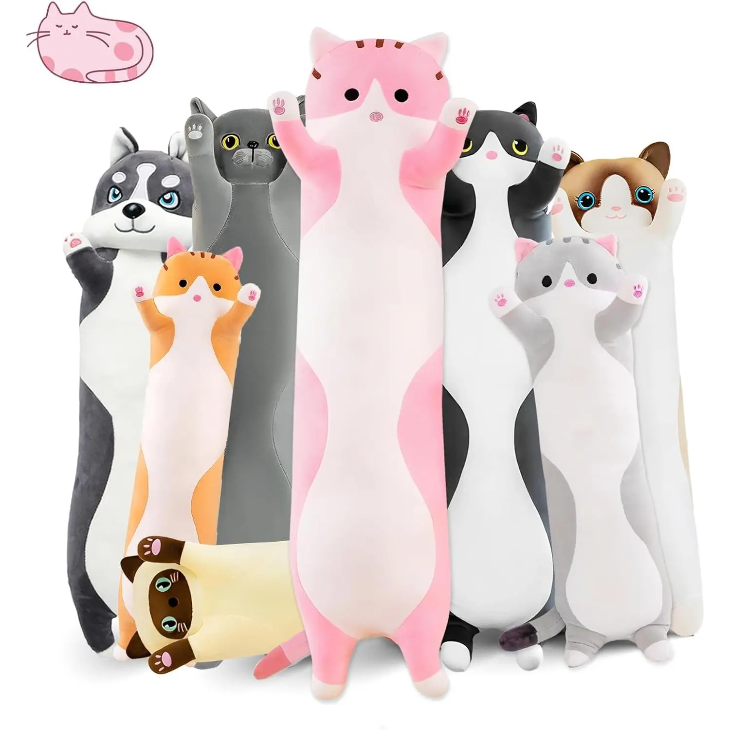Long Cat Plush Pillow - 19.6in/27.5in/35.4in/51.1in Cute Pink & Dark Grey Plushie Body Pillow, Soft Kitten Doll Toy Birthday Gift for Children, Girl, Soft Fluffy Pillows