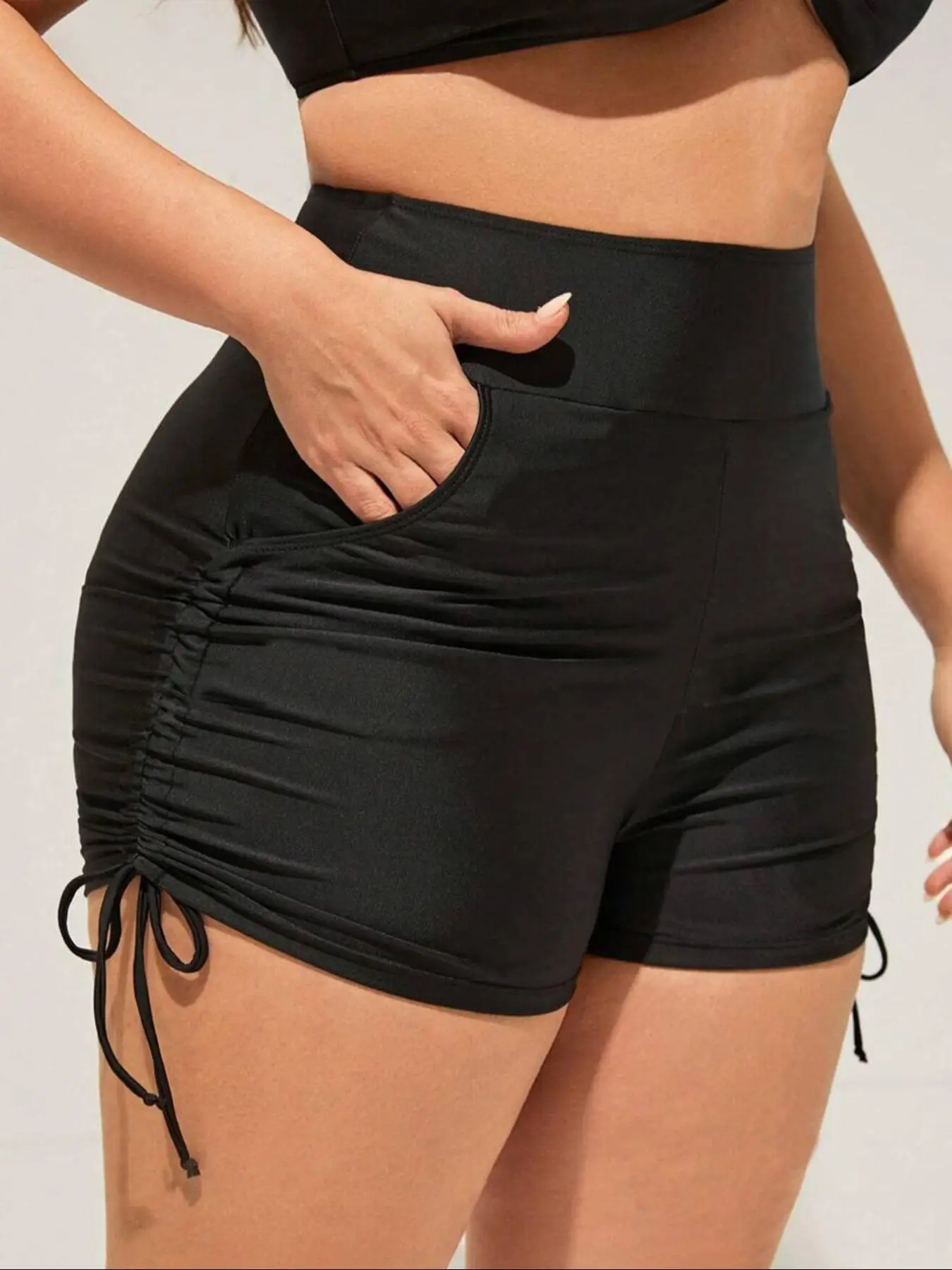 Plus Size Solid Drawstring Side High Waist Swim Shorts, Swimsuit for Women, Casual Sporty Breathable Comfortable Ruched Pocket Design Swim Shorts for