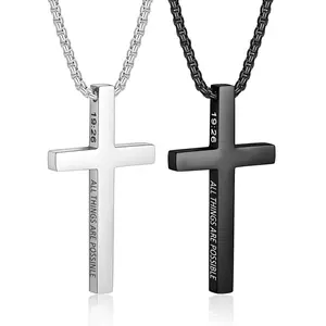 Inspirational Bible Verse Cross Pendant Necklace for Men 3mm Box Chain Stainless Steel Faith Jewelry